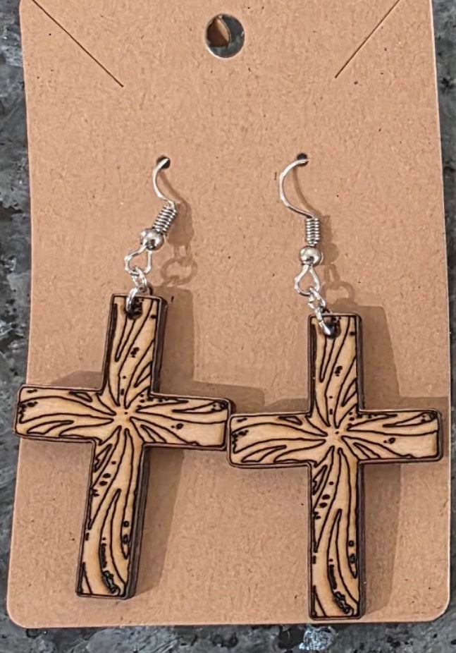Large Hand‑Crafted Wooden Cross Dangle Earrings – Rustic Faith & Artisan Detail