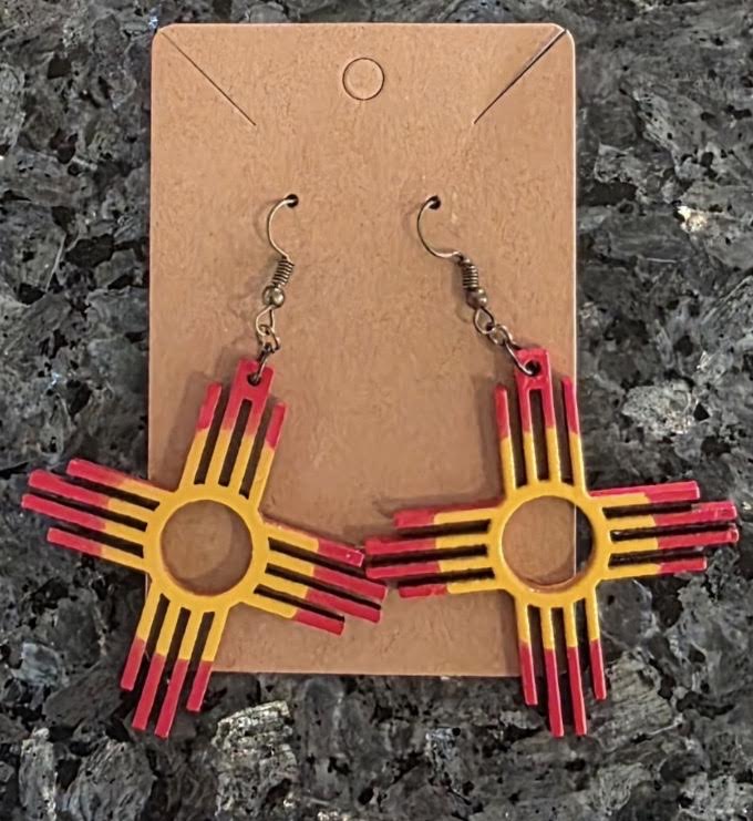 Hand‑Painted Wooden Zia Dangle Earrings – Classic Southwest Style
