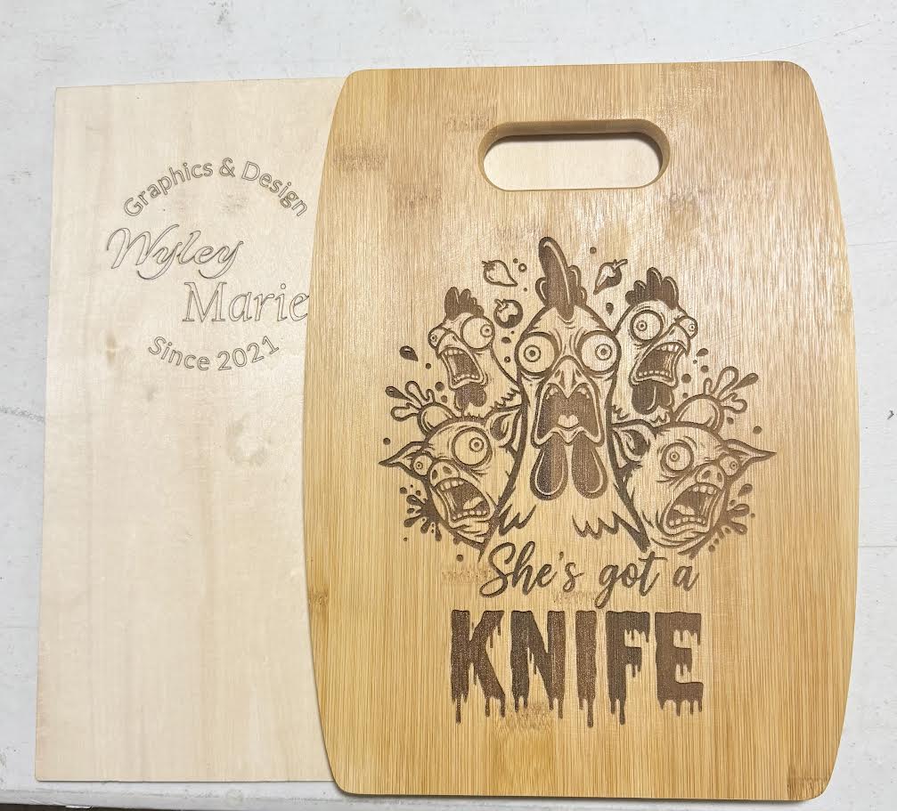 Chicken Panic Edition - 12" × 9" Bamboo Cutting Board – “She’s Got a KNIFE!”