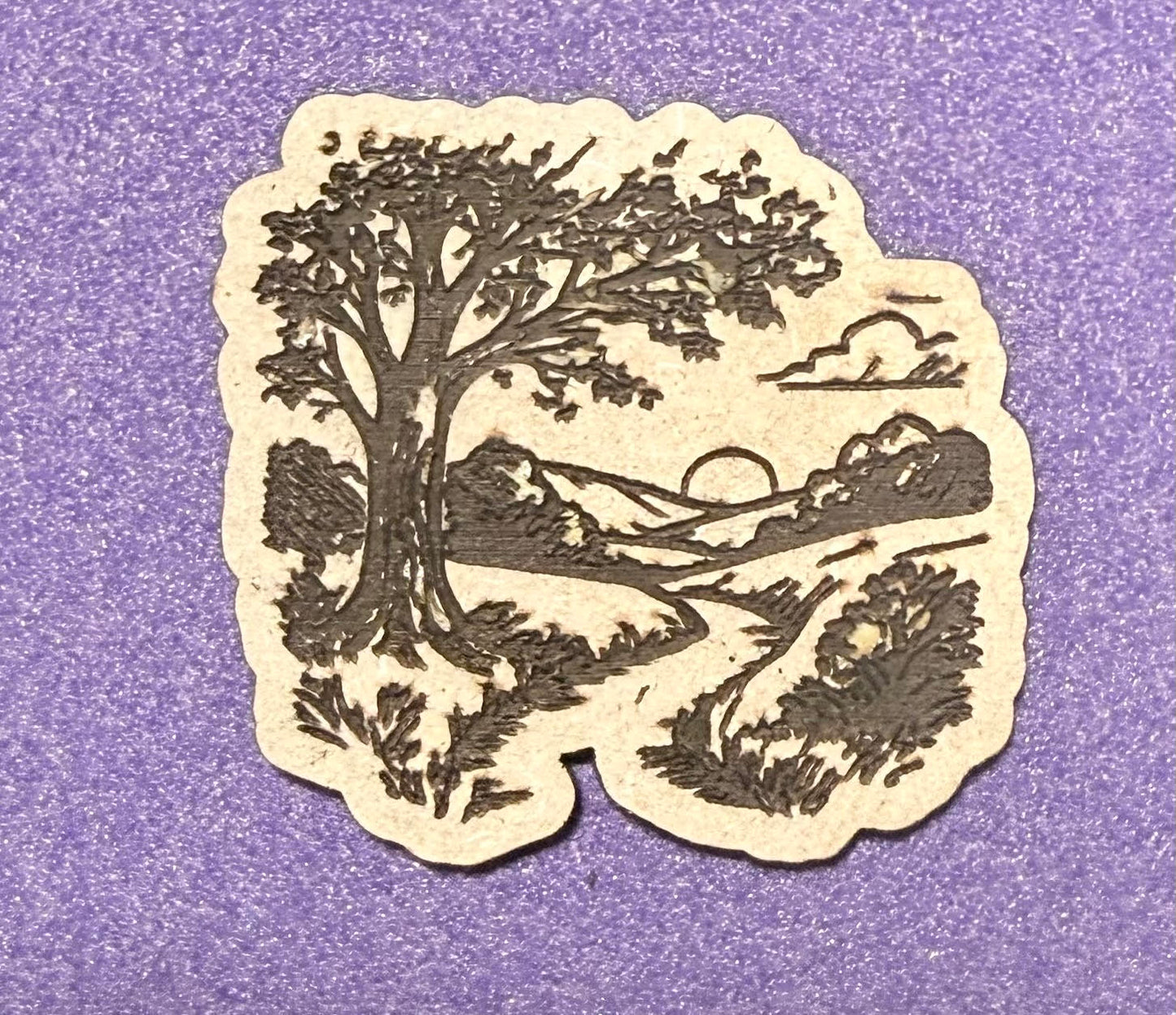 Engraved Wooden Landscape Magnet – Scenic Nature Art