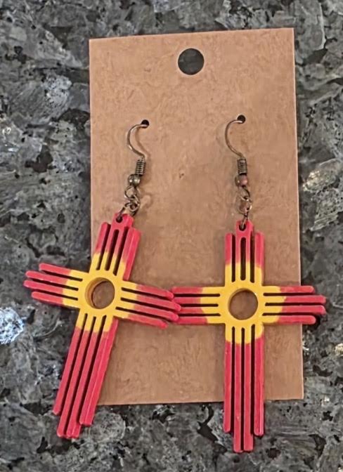 Hand‑Painted Wooden Zia Dangle Earrings – Bold Southwest Style