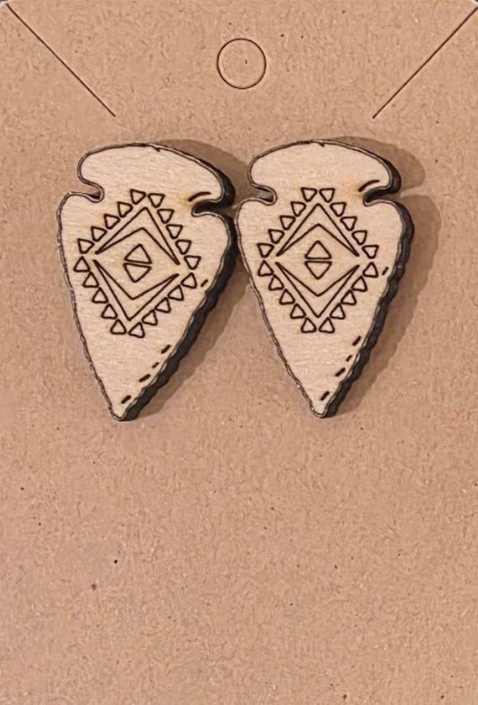 Hand‑Crafted Laser‑Etched Wooden Arrowhead Stud Earrings – Rustic & Bold