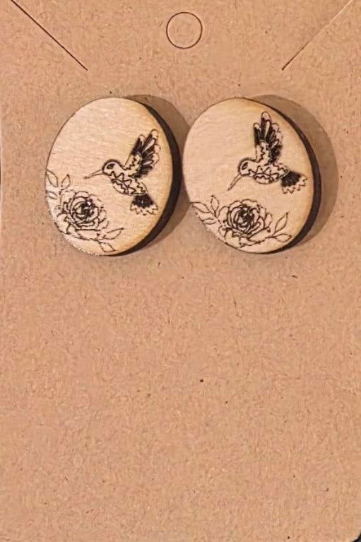 Hand‑Crafted Laser‑Etched Hummingbird & Floral Wooden Stud Earrings