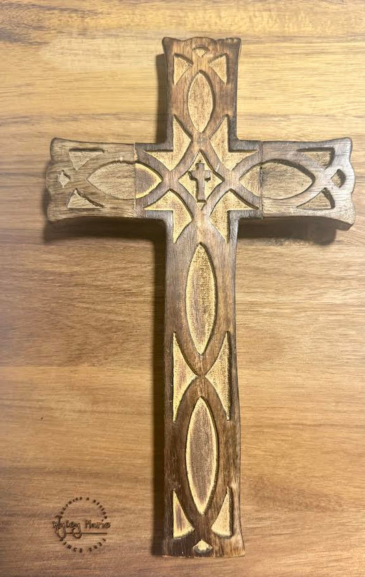 Hand‑Carved Wooden Cross – Ornate Layered Wall Decor (9.5" × 5.5" × 1/2")