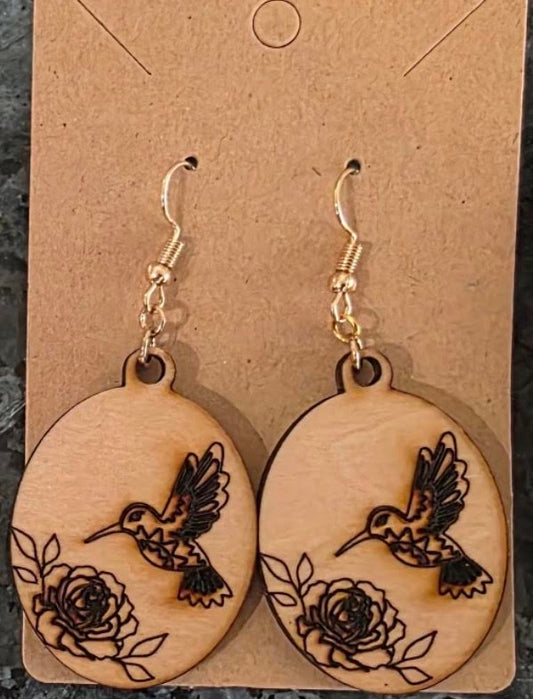 Hand‑Crafted Laser‑Etched Hummingbird & Floral Wooden Dangle Earrings