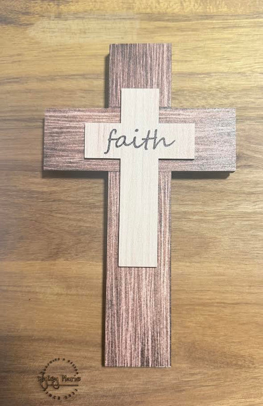 Handcrafted Wooden “Faith” Cross – 8" × 5" Rustic Layered Wall Decor