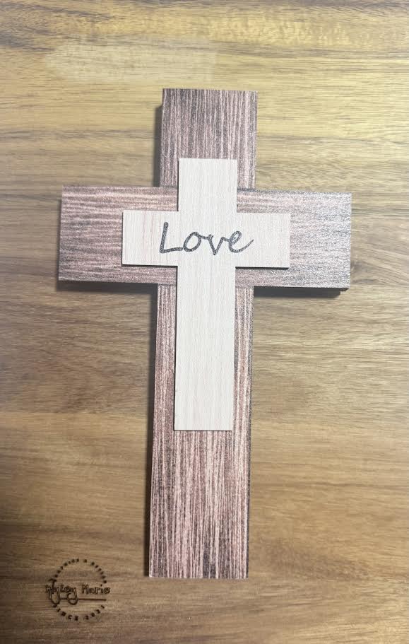Handcrafted Wooden “Love” Cross – 8" × 5" Rustic Layered Wall Decor