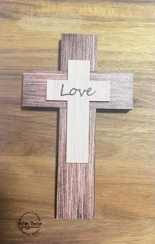 Handcrafted Wooden “Love” Cross – 8" × 5" Rustic Layered Wall Decor
