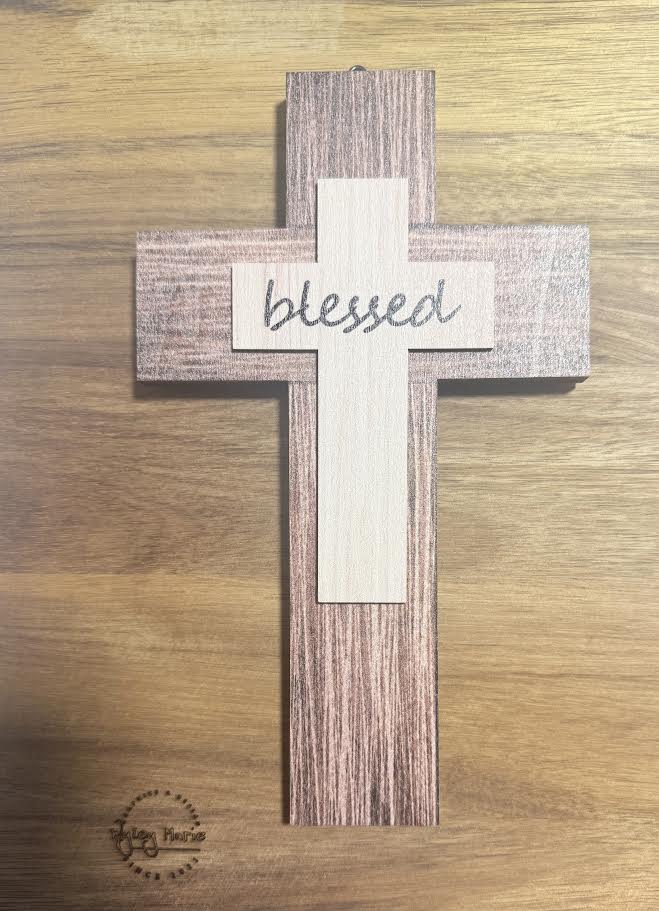 Handcrafted Wooden “Blessed” Cross – 8" × 5" Rustic Layered Wall Decor