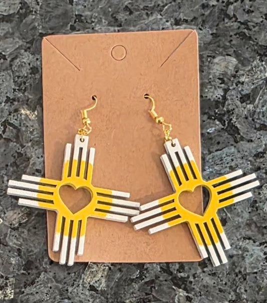 Hand‑Painted Wooden Heart Zia Dangle Earrings – Southwest Charm with a Sweet Twist