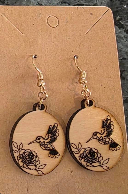 Small Hand‑Crafted Hummingbird & Floral Wooden Dangle Earrings