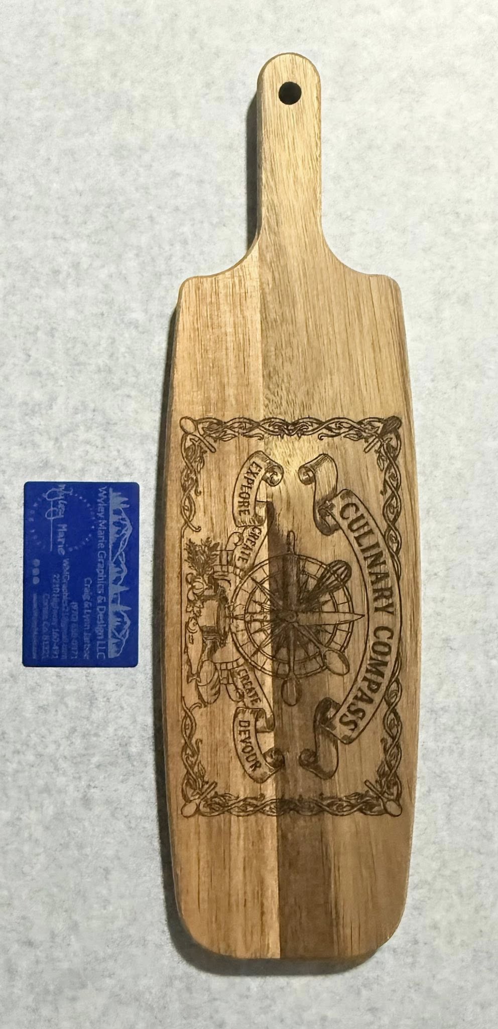 Rustic Paddle Cutting Board with “Culinary Compass” Engraving